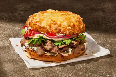 spicy steak asiago bagal stack